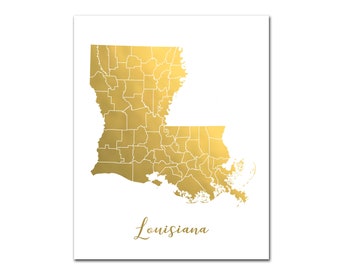 Louisiana Map Gold Foil Print, Map of Louisiana State with Counties, Housewarming Gift, Travel Memento, Foil Map, Gold Wall Art