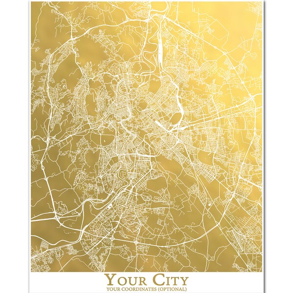 Custom Gold Foil City Map, Any Town or City, International or USA, Foil Print, Gold Map Print, Metallic Map, Anniversary Wedding Gift