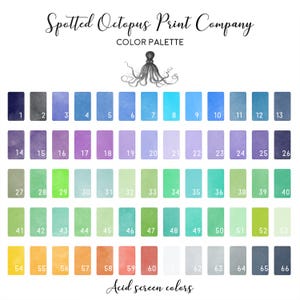 May include: A colour palette chart titled Spotted Octopus Print Company featuring a central octopus illustration. It displays sixty-six numbered rectangular swatches in various shades of blue, purple, green, yellow, orange, red, and grey, labelled Acid screen colours.