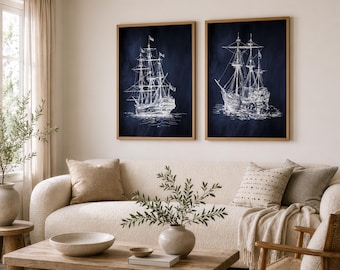 Vintage Ship Print Set,  Nautical Home Decor,  Stormy Coastal Maritime Art, Beach House Wall Art