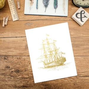 Vintage Ship in Metallic Foil Art Print, Gold Wall Decor, Gift for Sailor image 2