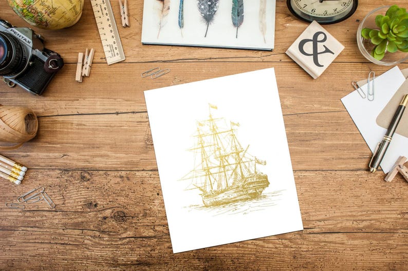 Vintage Ship in Metallic Foil Art Print, Gold Wall Decor, Gift for Sailor image 2