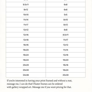 The image is a list of different frame sizes available for print, ranging from 8x10 to 20x30.