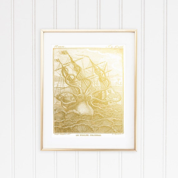 Octopus Print Octopus Art Metallic Art Gold Foil Print Metallic Print Gift for Sailor Gold Wall Art Gold Foil Octopus Kraken Art Print