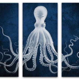 Octopus Triptych in Deep Sea Blue, Beach Home Decor, Large Ready to Hang Sea Life Illustration, Canvas Wall Art