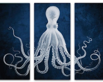 Octopus Triptych in Deep Sea Blue, Beach Home Decor, Large Ready to Hang Sea Life Illustration, Canvas Wall Art
