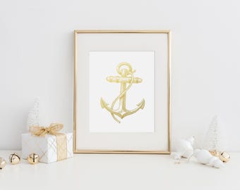Gold Foil Anchor Print, Nautical Coastal Wall Art