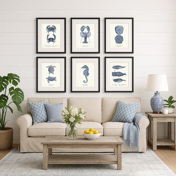 Beach House Wall Art, Sea Life Art Print Set of 6, Navy Blue Coastal Prints