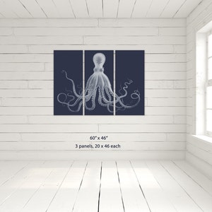 Octopus Triptych, The Classic, Navy Blue Kraken Three Paneled Large Wall Art, Lord Bodner Octopus, Nautical Print, Coastal Chic Decor image 4