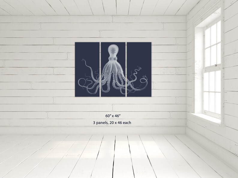 Octopus Triptych, The Classic, Navy Blue Kraken Three Paneled Large Wall Art, Lord Bodner Octopus, Nautical Print, Coastal Chic Decor image 4