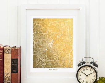 Ann Arbor Map, Gift for Graduate, Gold Foil Map, Gold Ann Arbor City Map, Gold Foil Map, Ann Arbor Wall Art, University of Michigan gift