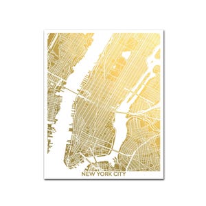 A shiny metallic map of New York City. This listing is shown in gold foil, several other foil colors are also available. Framed options available. Collect several foil maps to make a gallery wall of your favorite cities. Excellent globetrotter gift.