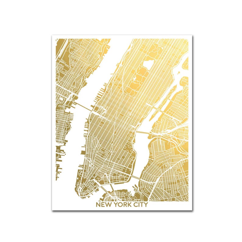 A shiny metallic map of New York City. This listing is shown in gold foil, several other foil colors are also available. Framed options available. Collect several foil maps to make a gallery wall of your favorite cities. Excellent globetrotter gift.