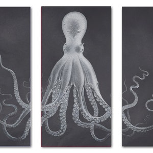 Octopus Triptych, Octopus Print Set, Large Octopus Canvas Print, Beach Art, Coastal Art, Kraken Print, Nautical Decor in Charcoal Gray