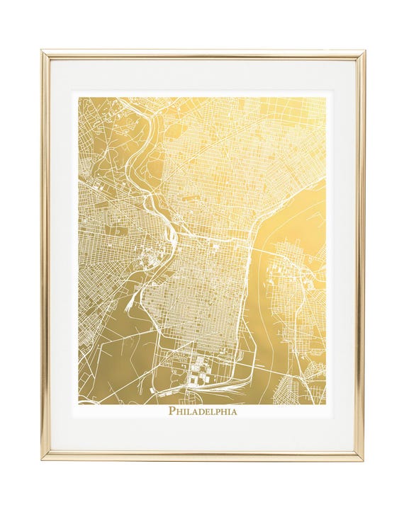 Philadelphia Gold Foil Map Print, Embossed City Art, Personalized Gift, Office Wall Art