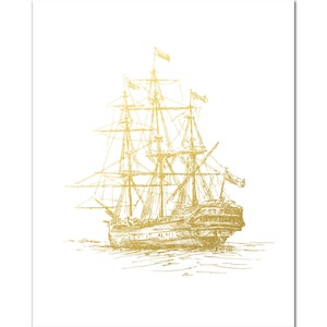 Nautical Print, Old Ship in Metallic Foil, Gold Foil Print, Nautical Ship Art, Nautical Decor, Boat Illustration, Sailboat, Gold Wall Art image 1