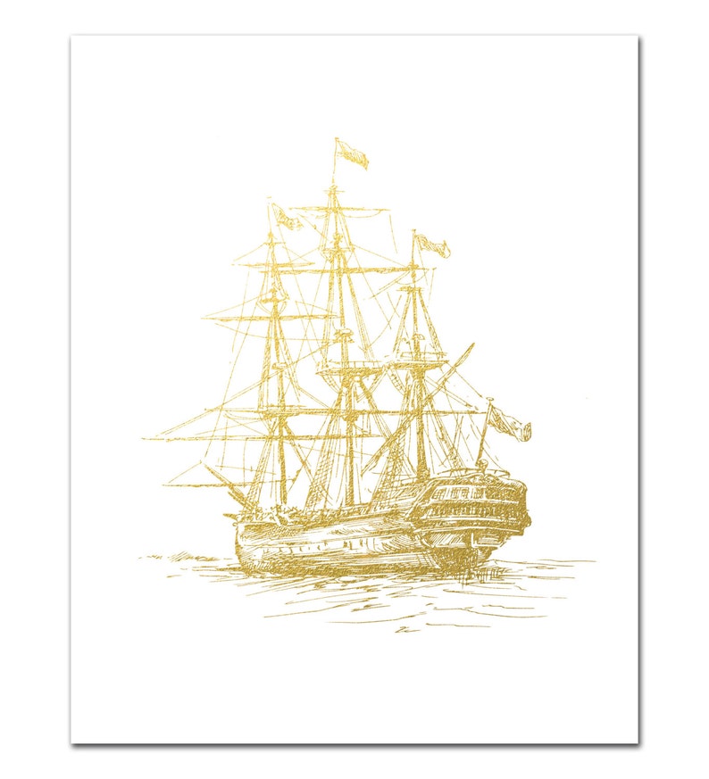 Nautical Print, Old Ship in Metallic Foil, Gold Foil Print, Nautical Ship Art, Nautical Decor, Boat Illustration, Sailboat, Gold Wall Art image 1