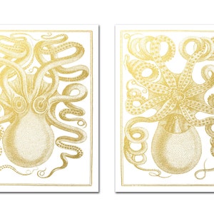 Octopus Art Gold Foil Prints, Octopus Print Set of 2, Gold Foil Art, Gold Kraken Prints, Golden Octopus Print Set