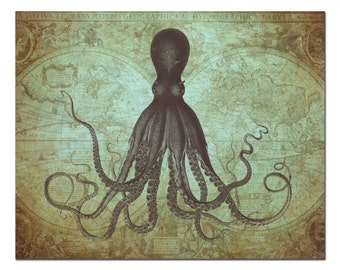 Octopus Print, Octopus on Vintage World Map Art Print, Nautical Art, Beach Art, Coastal Decor, Giant Kraken, Office Art, Man Cave Decor