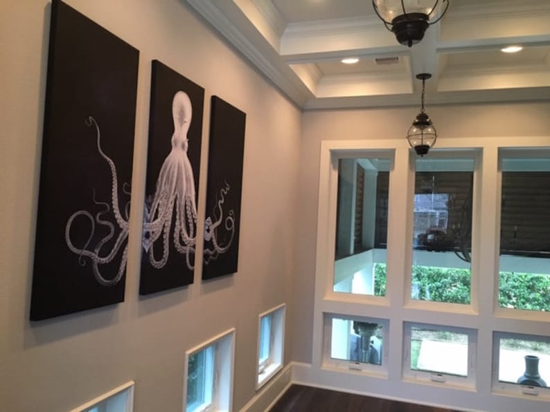 Octopus Triptych, The Classic, Navy Blue Kraken Three Paneled Large Wall Art, Lord Bodner Octopus, Nautical Print, Coastal Chic Decor image 6