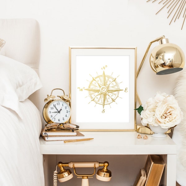 Nautical Compass Gold Foil Print, The Golden Compass Print, Poster, Beach Decor, Nautical Decor, Nautical Wall Art, Coastal Print & Design