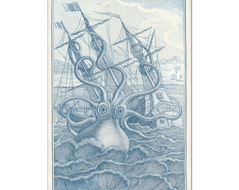 Octopus Art, Poster, Coastal Wall Art, Nautical Art, Beach Decor, Kraken, Provincial Blue Octopus Wall Art, Gift for Dad