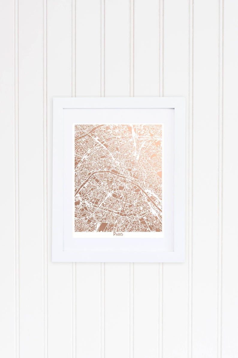 Paris Map Rose Gold Foil Print, City of Light Wall Art image 4