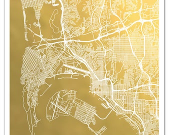 San Diego Map, Gold Foil Map of San Diego Gold Foil Print, Map Print, San Diego Wall Art, San Diego, City Map Print, Foil Pressed Art, Map