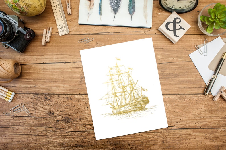 Nautical Print, Old Ship in Metallic Foil, Gold Foil Print, Nautical Ship Art, Nautical Decor, Boat Illustration, Sailboat, Gold Wall Art image 2