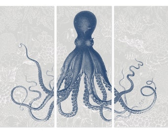 Octopus Triptych, Large Sea Life Wall Art, Bold Blue Octopus on a Blanc de Blanc Coastal Background, Nautical Wall Art