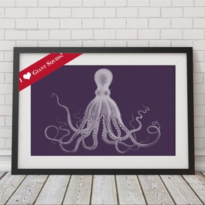 Octopus Print in Blackberry Cordial Purple, Kraken Poster, Nautical Print, Coastal Wall Art, Beach Home Decor image 2