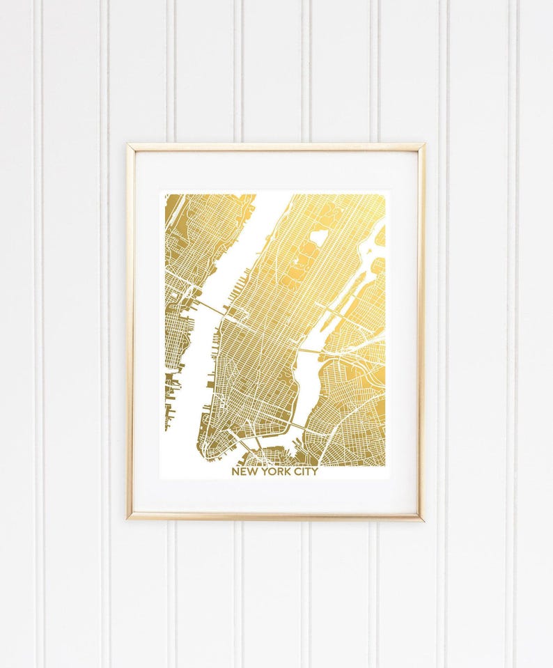 A shiny metallic map of New York City. This listing is shown in gold foil, several other foil colors are also available. Framed options available. Collect several foil maps to make a gallery wall of your favorite cities. Excellent globetrotter gift.