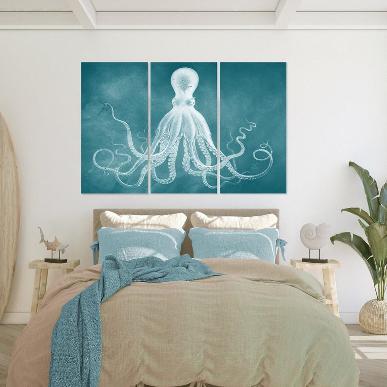 a bedroom with a large bed, a nightstand, and a painting of an octopus on the wall.