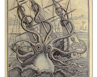 Kraken Octopus Art Print, Vintage Nautical Sea Monster