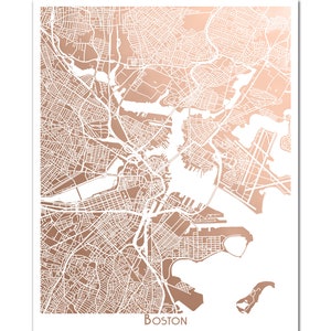 Boston Map in Rose Gold, Gift for Traveler, Boston Map, Rose Gold Foil Print,  Foil Pressed Map, Boston Print, Home Decor