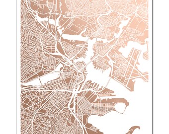 Boston Map in Rose Gold, Gift for Traveler, Boston Map, Rose Gold Foil Print,  Foil Pressed Map, Boston Print, Home Decor