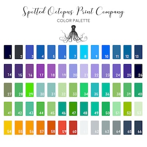 May include: Color palette chart from Spotted Octopus Print Company, featuring 66 color swatches in various shades. The palette includes blues, greens, purples, yellows, oranges, reds, and grays. The company logo and the words "COLOR PALETTE" are at the top.