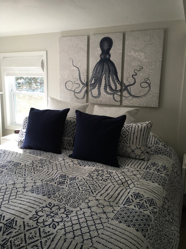 Octopus Triptych, The Classic, Navy Blue Kraken Three Paneled Large Wall Art, Lord Bodner Octopus, Nautical Print, Coastal Chic Decor image 7