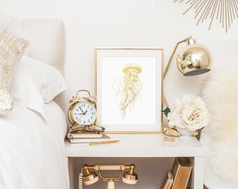 Gold Foil Jellyfish Print, Beach House Wall Art, Mother's Day Gift