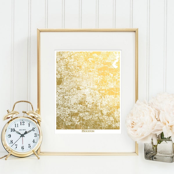 Gold Foil Houston Map, Gold Foil Print,  Map of Houston Texas, Anniversary Gift, Christmas Gift for a Houstonian Houstonite