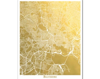 Baltimore Map, Gold Foil Print, Metallic Map of Baltimore, Maryland, Holiday Gift for Traveler, Christmas Gift, City Map Print