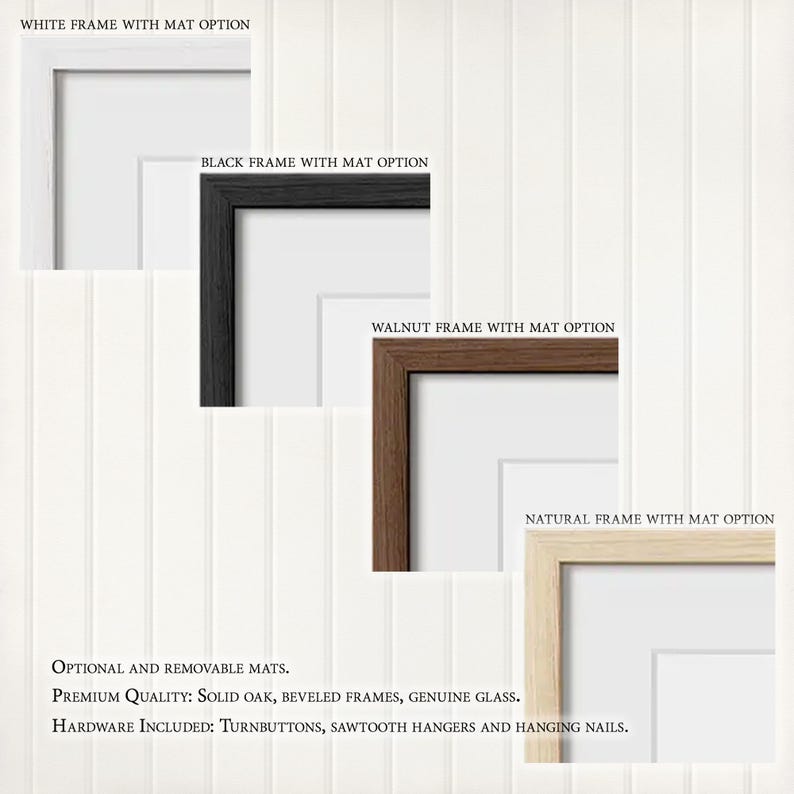 a collection of different frame options, including a white frame with a mat option, a black frame with a mat option, a walnut frame with a mat option, and a natural frame with a mat option. The frames are available in various materials, such as solid oak, beveled frames, genuine glass, and hardware including turnbuttons, sawtooth hangers, and hanging nails.