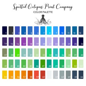 May include: A colour palette chart titled Spotted Octopus Print Company featuring a black octopus illustration and 66 numbered rectangular colour swatches arranged in rows, displaying a wide spectrum of blue, purple, green, orange, red, and grey tones.