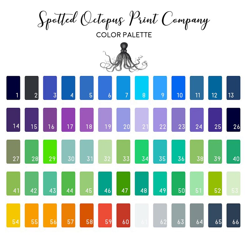 May include: A colour palette chart titled Spotted Octopus Print Company featuring a black octopus illustration and 66 numbered rectangular colour swatches arranged in rows, displaying a wide spectrum of blue, purple, green, orange, red, and grey tones.