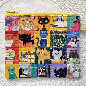 Rainbow Cats Patchwork Squares Coin Purse, Zipper Pouch, Cat Lovers Gift