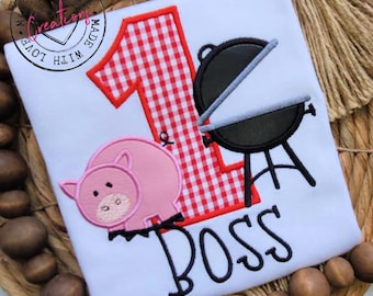 BBQ Birthday Shirt: Grill & Pig Applique, Personalized Number