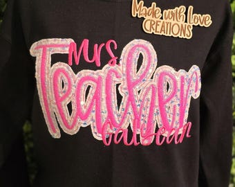 Embroidered Teacher Sweatshirt, Glitter School Shirt