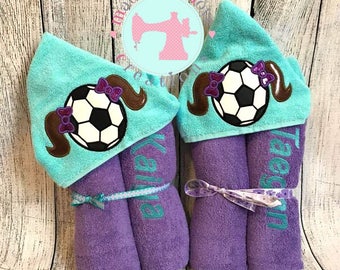 Pigtail Sports Hooded Towel-Soccer Ball Towels-Sports Towels-Baseball Towels-Softball Towels-Football Towels-Team Hooded Towels-Kids Towels