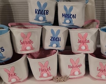 Personalized Bunny Easter Basket, Embroidered Canvas Basket