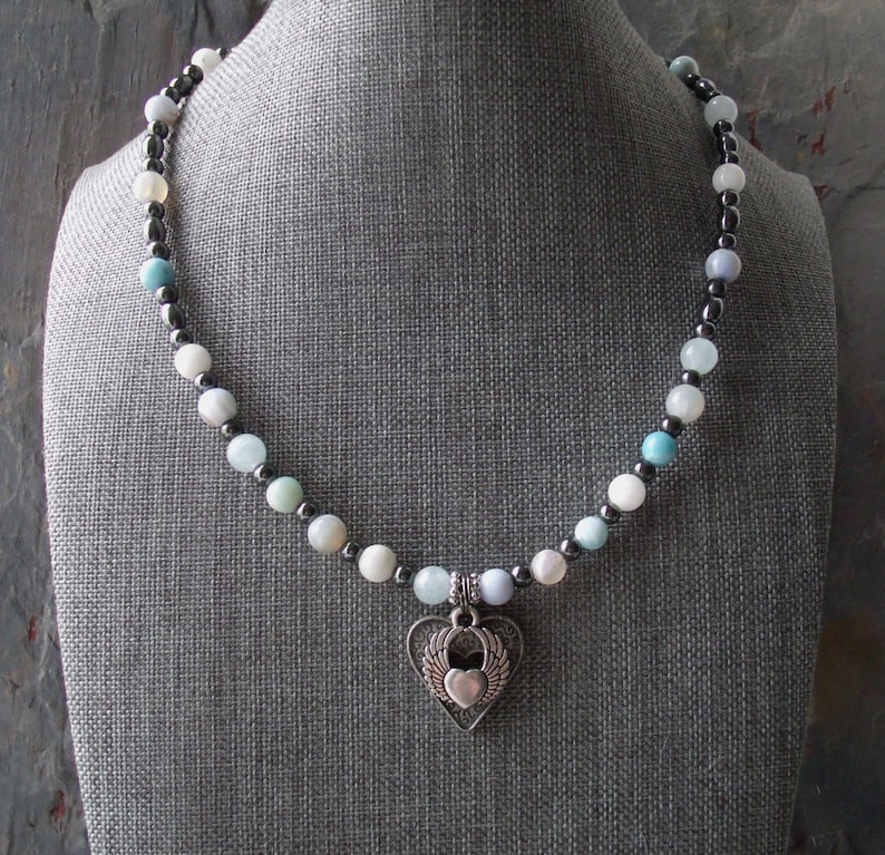 Silver Wing Beaded Necklace Ethereal Angel Wings with Heart Mixed Stone Beaded Choker Handmade Necklace